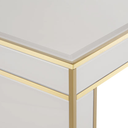 Arden Console Table by Currey and Company in ivory, satin brass. Made from reverse painted glass, brass, solid hardwood in a modern style.