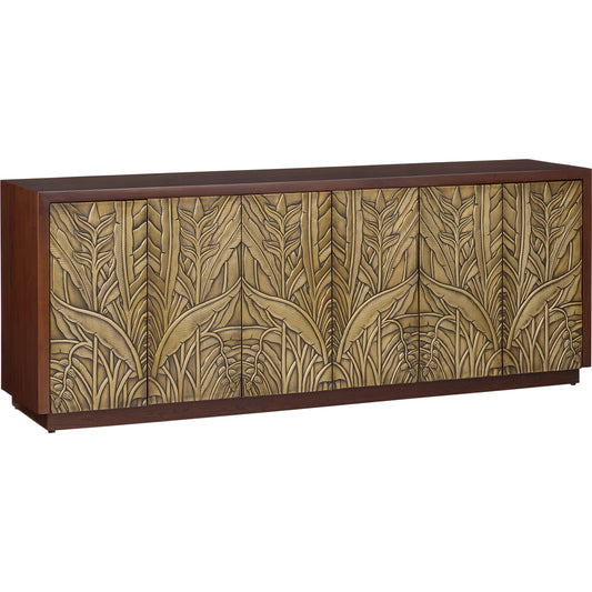 Jardin Credenza by Currey and Company in walnut, antique brass. Made from teak wood, brass in a unique style.