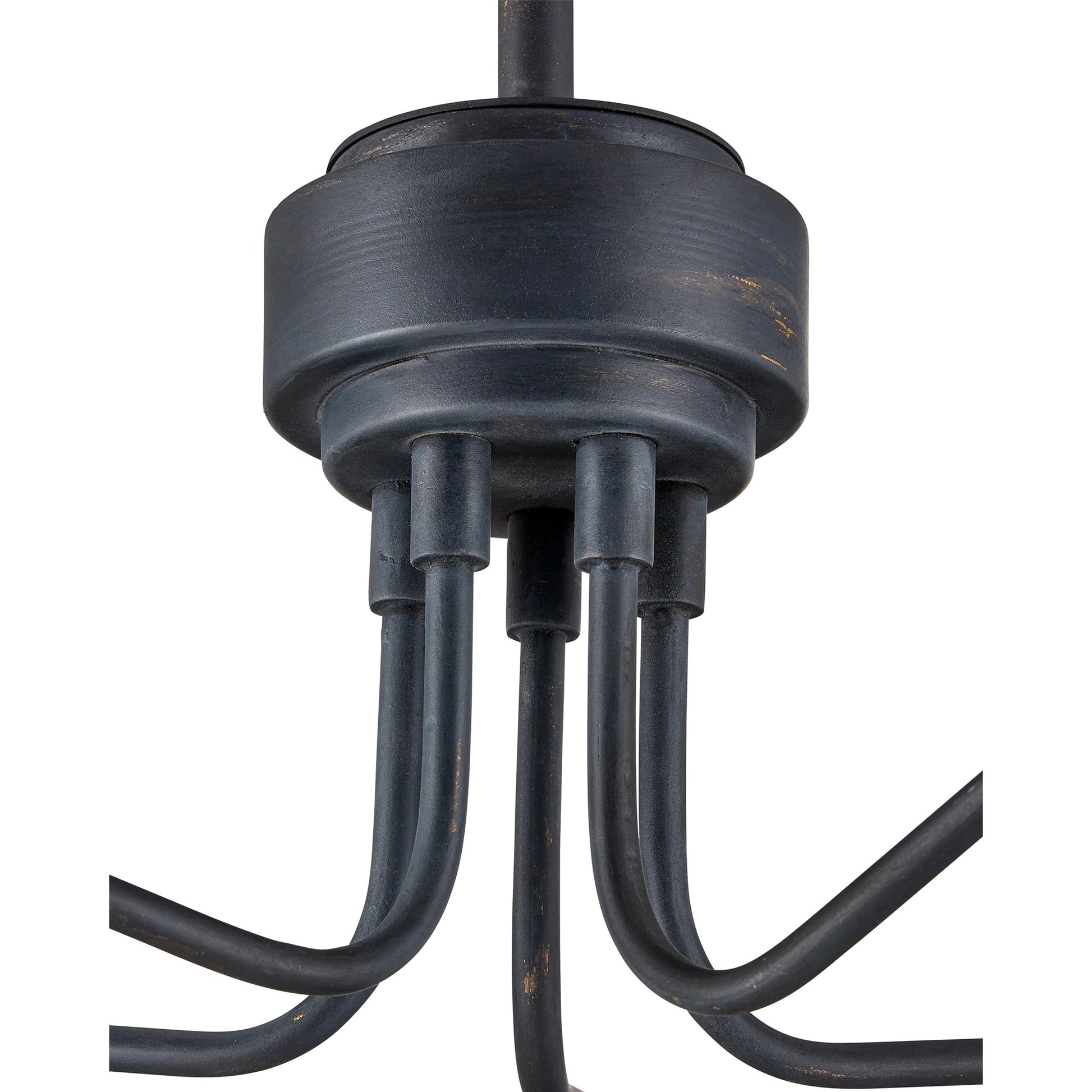 Serpa Chandelier by Currey and Company in french black, gold leaf. Made from wrought iron in a modern style.