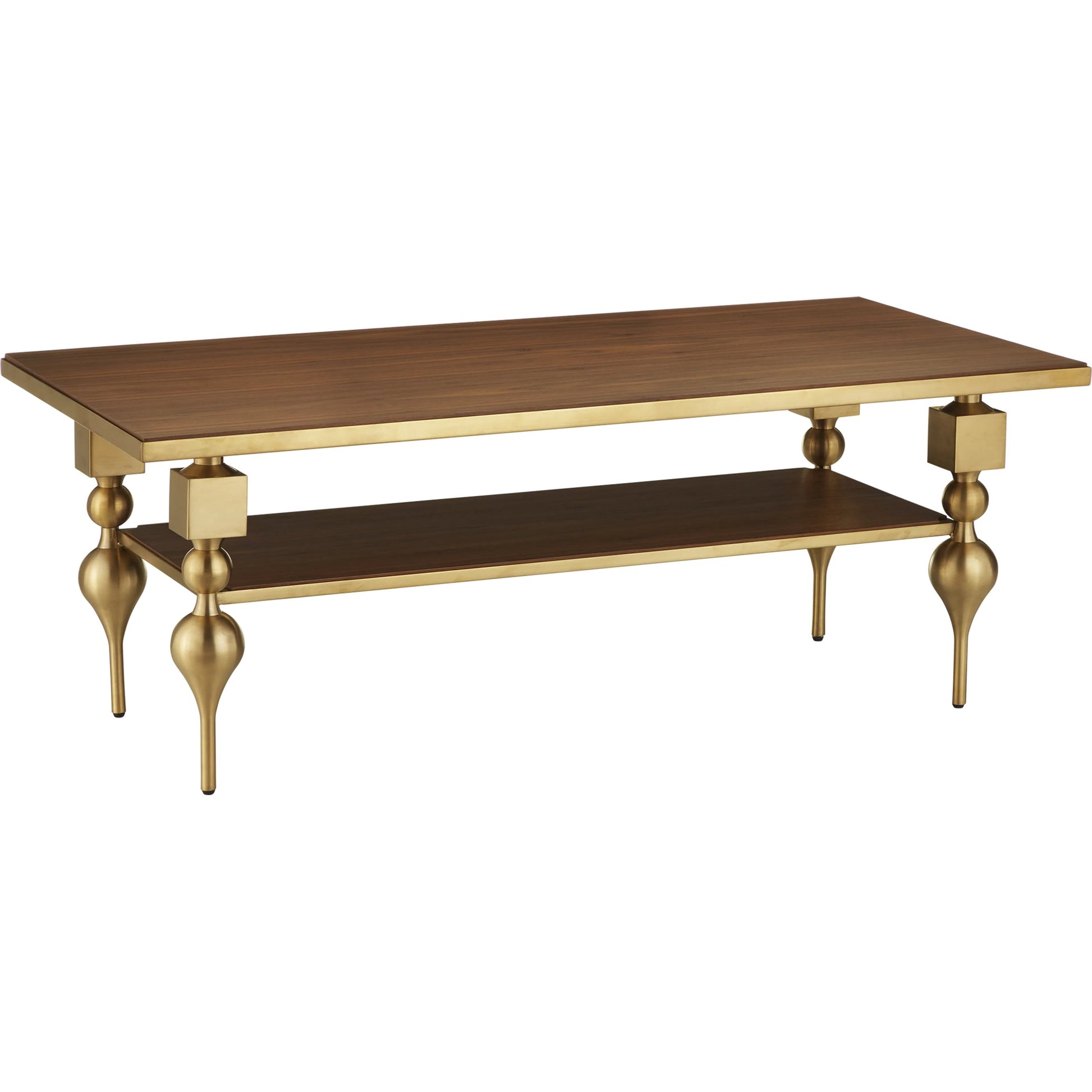 Maeve Cocktail Table by Currey and Company in brushed brass, walnut. Made from stainless steel, walnut veneer, engineered wood in a modern style.