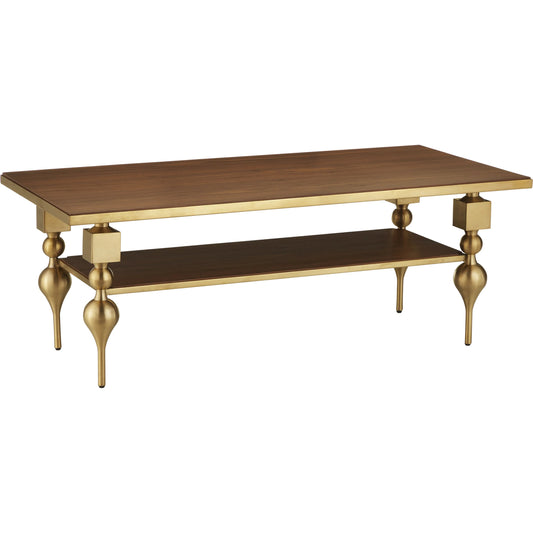 Maeve Cocktail Table by Currey and Company in brushed brass, walnut. Made from stainless steel, walnut veneer, engineered wood in a unique style.