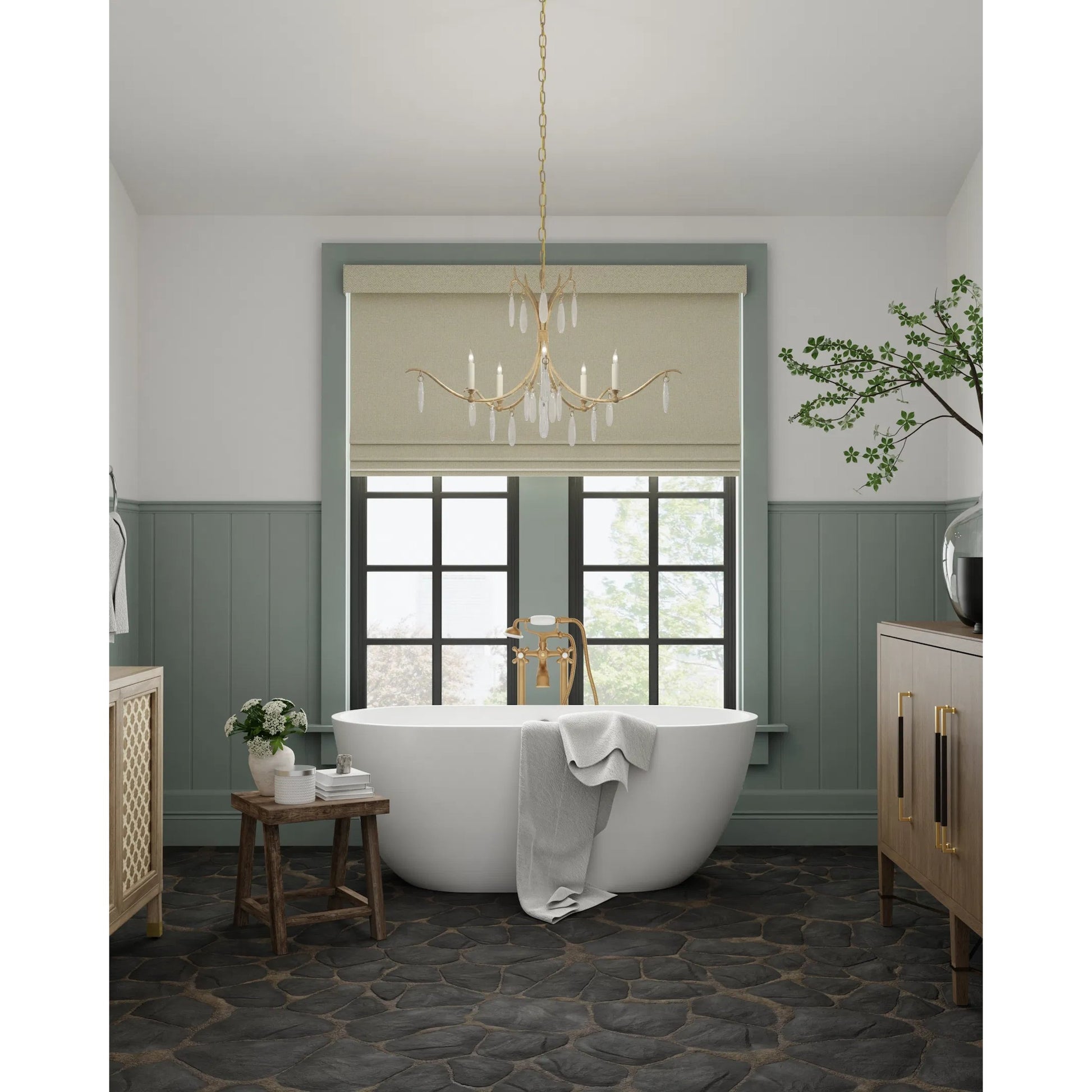 Marshallia Chandelier by Currey and Company in rustic gold, faux rock crystal. Made from wrought iron, glass in a transitional style.