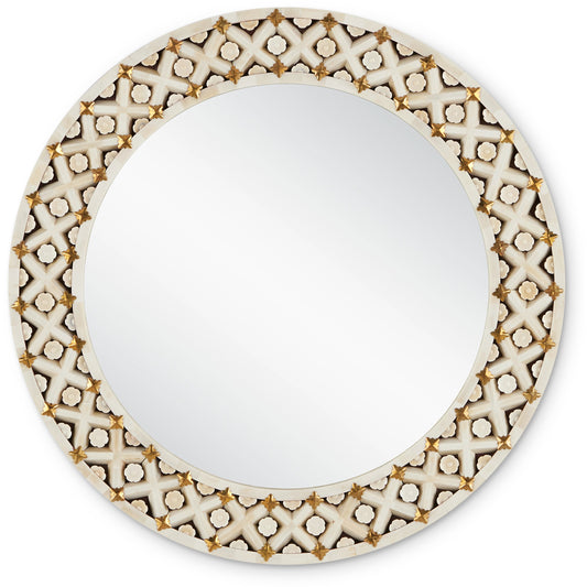 001 SI-2007737 | Primary Silo | Ellaria Round Mirror by Currey and Company in natural, brass. Made from bone, brass, glass, engineered wood in a modern style.