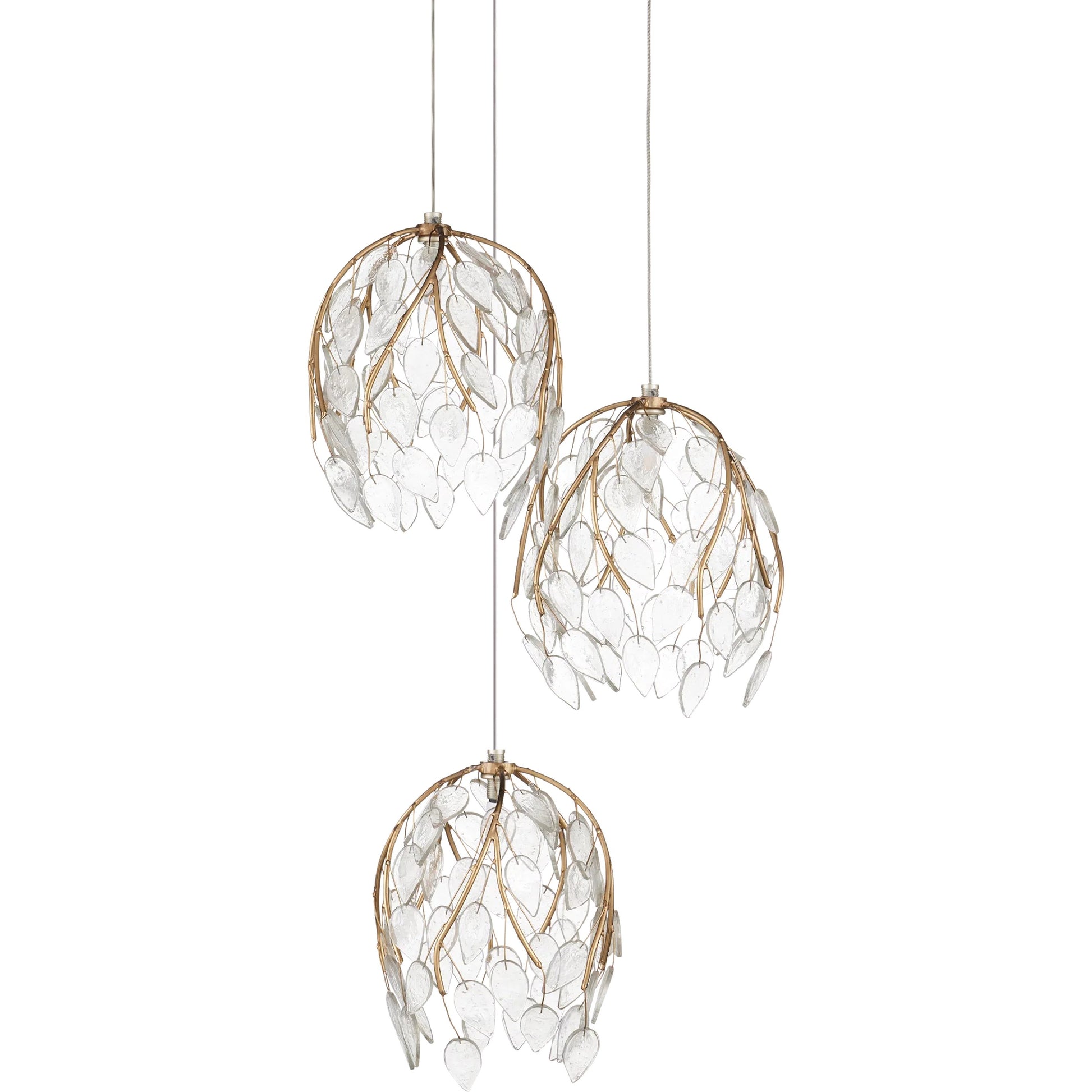 Banyan 3-Light Multi-Drop Pendant by Currey and Company in antique brass, clear, silver. Made from metal, glass in a modern style.