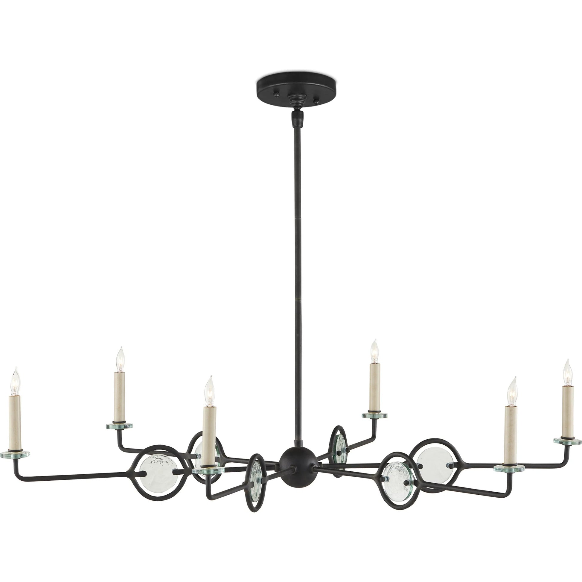 Privateer Chandelier by Currey and Company in blacksmith. Made from wrought iron, recycled glass in a modern style.