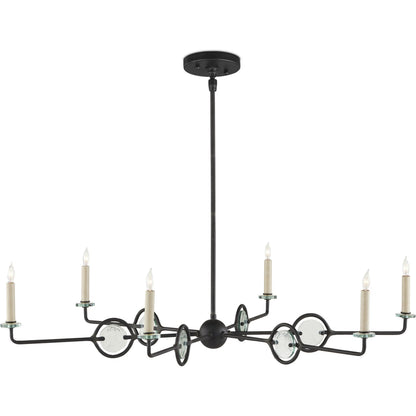 Privateer Chandelier by Currey and Company in blacksmith. Made from wrought iron, recycled glass in a modern style.