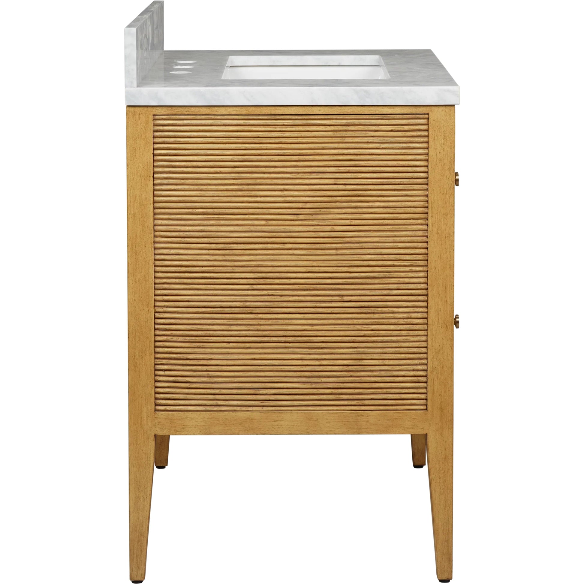 Santos 28" Vanity with Undermount Sink by Currey and Company. Made from rattan, mahogany, carrara marble, vitreous china, sungkai wood, brass in a unique style.
