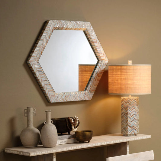 Lucille Table Lamp by Jamie Young in blue and mixed blue, white, light red mother of pearl. Made from mother of pearl, acrylic, mdf in a unique style.
