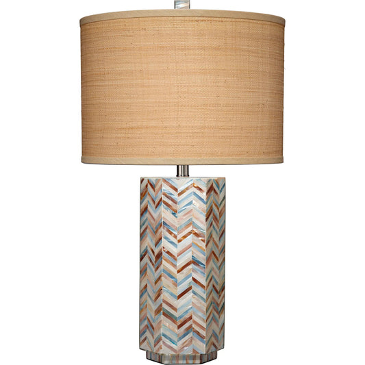 Lucille Table Lamp by Jamie Young in blue and mixed blue, white, light red mother of pearl. Made from mother of pearl, acrylic, mdf in a unique style.