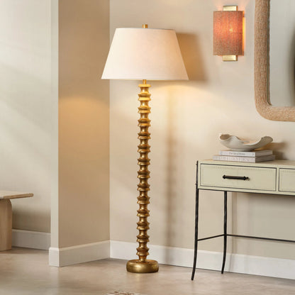 Melrose Floor Lamp by Jamie Young in gold and gold leaf. Made from metal in a unique style.