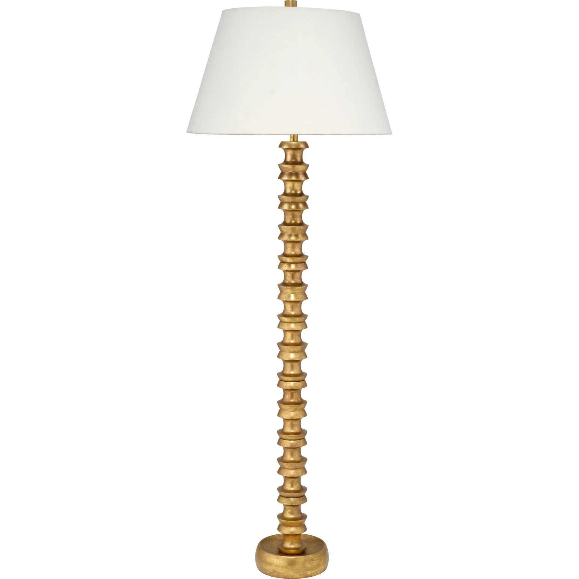 Melrose Floor Lamp by Jamie Young in gold and gold leaf. Made from metal in a unique style.