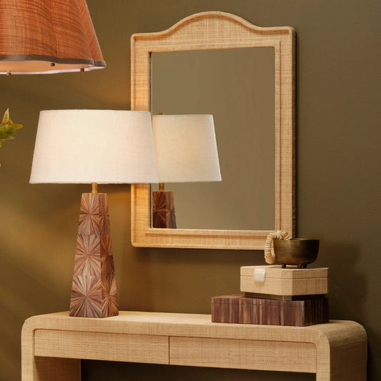 Palm Table Lamp by Jamie Young in brown and brown dyed straw. Made from mdf, dyed straw in a unique style.