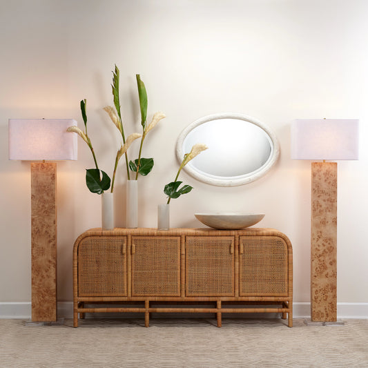Parallel Floor Lamp by Jamie Young in natural burl wood. Made from wood in a modern style.