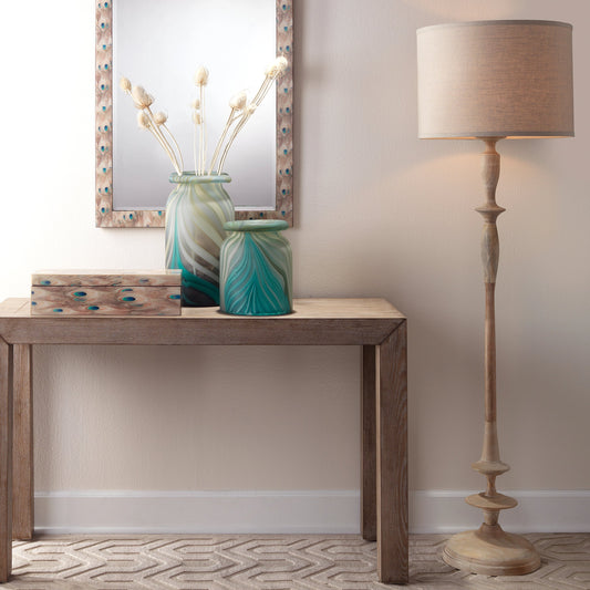 Petite Paro Floor Lamp by Jamie Young in bleached wood. Made from metal in a traditional style.