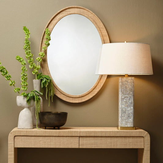 Preston Table Lamp by Jamie Young in mixed white and mixed white mother of pearl. Made from mother of pearl, mango wood in a unique style.