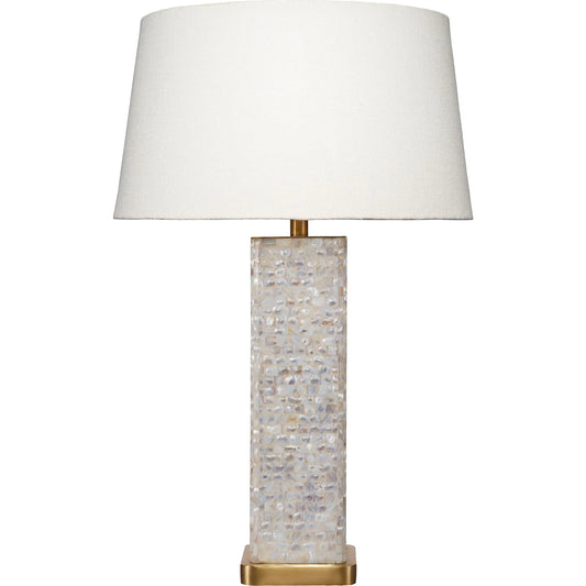 Preston Table Lamp by Jamie Young in mixed white and mixed white mother of pearl. Made from mother of pearl, mango wood in a unique style.