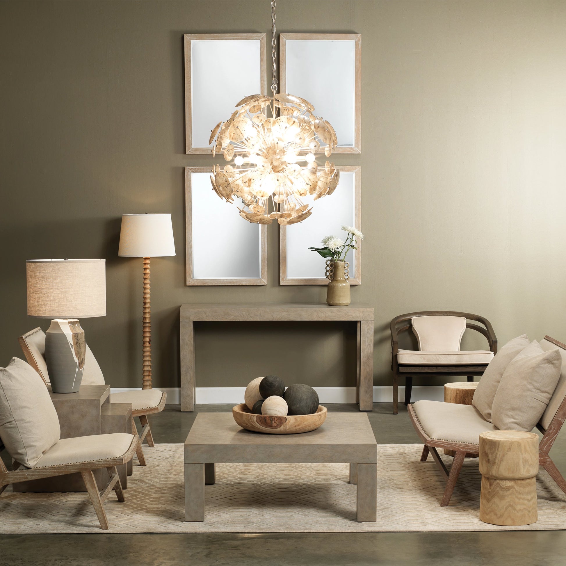 Revolution Floor Lamp by Jamie Young in bleached wood. Made from mango wood in a eclectic & global style.