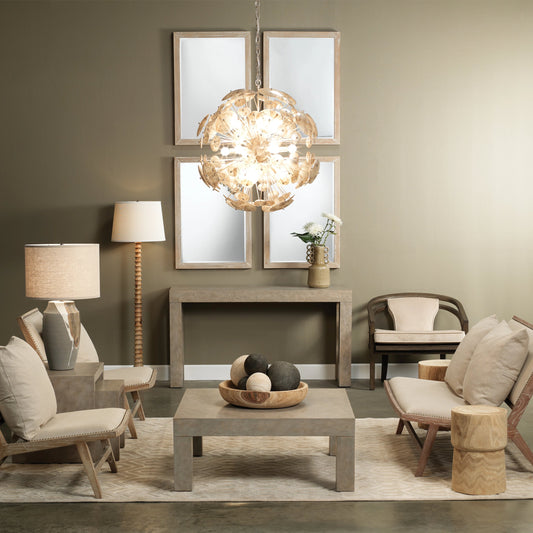 Revolution Floor Lamp by Jamie Young in bleached wood. Made from mango wood in a eclectic & global style.