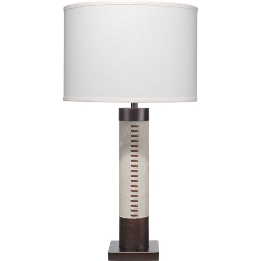 Sheridan Table Lamp by Jamie Young in white hide & oil rubbed bronze metal. Made from hide, metal in a modern style.
