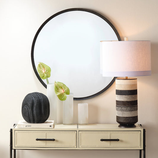 Winslow Table Lamp by Jamie Young in white, light gray, dark gray hide. Made from mdf, steel, hide in a coastal style.