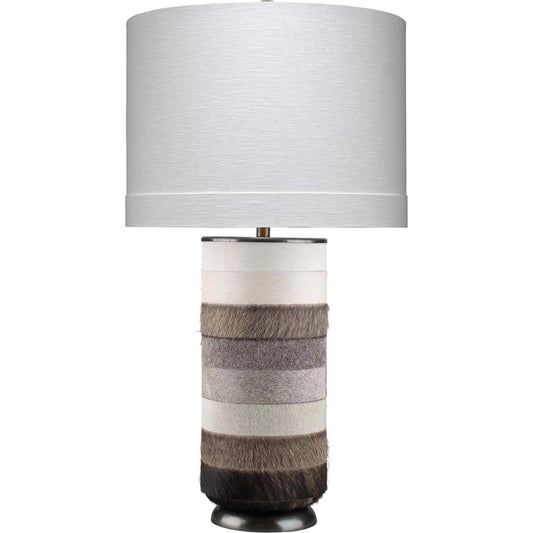 Winslow Table Lamp by Jamie Young in white, light gray, dark gray hide. Made from mdf, steel, hide in a coastal style.