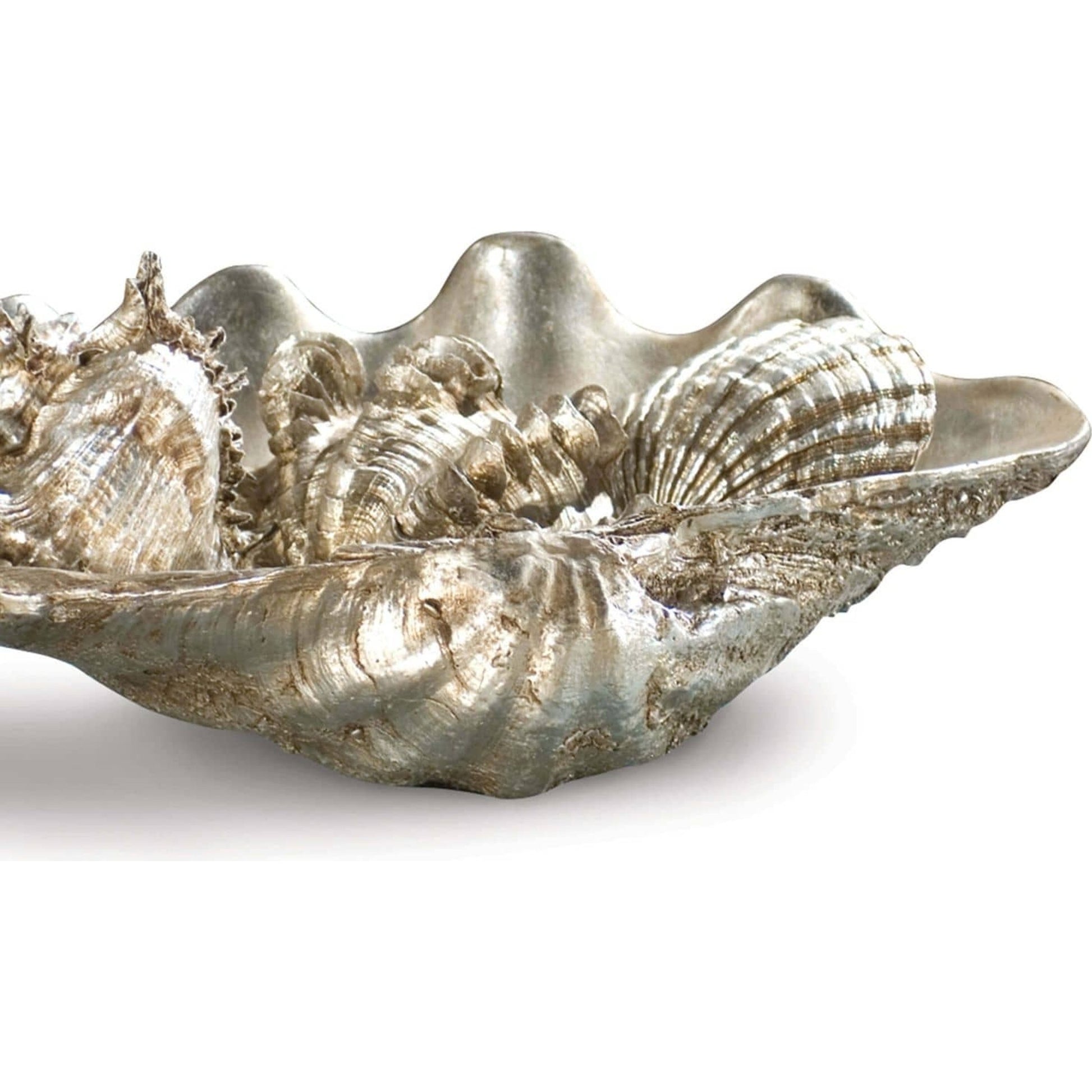 Clam Shell W/ Shells by Regina Andrew in silver and ambered silver leaf. Made from resin in a coastal style.