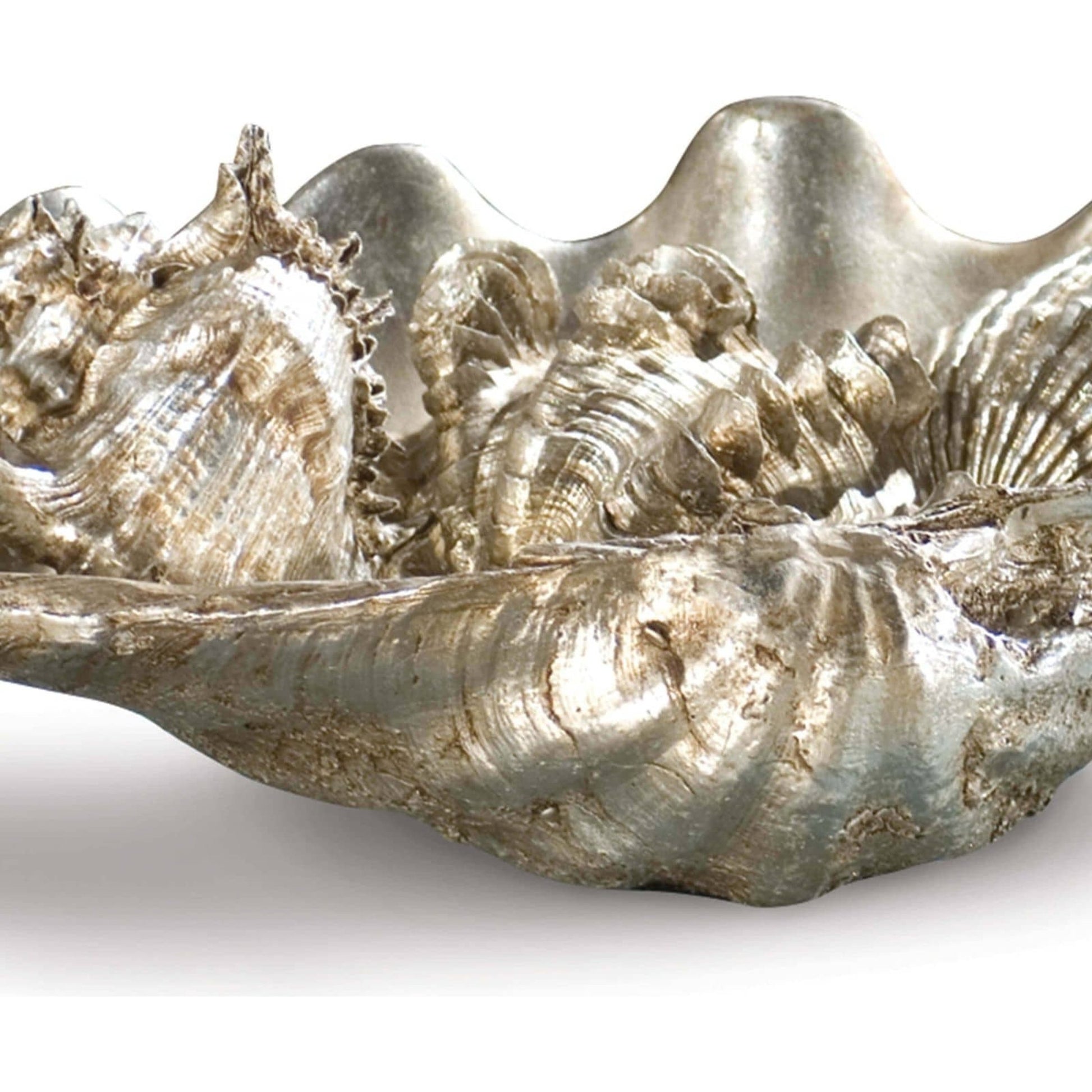 Clam Shell W/ Shells by Regina Andrew in silver and ambered silver leaf. Made from resin in a coastal style.