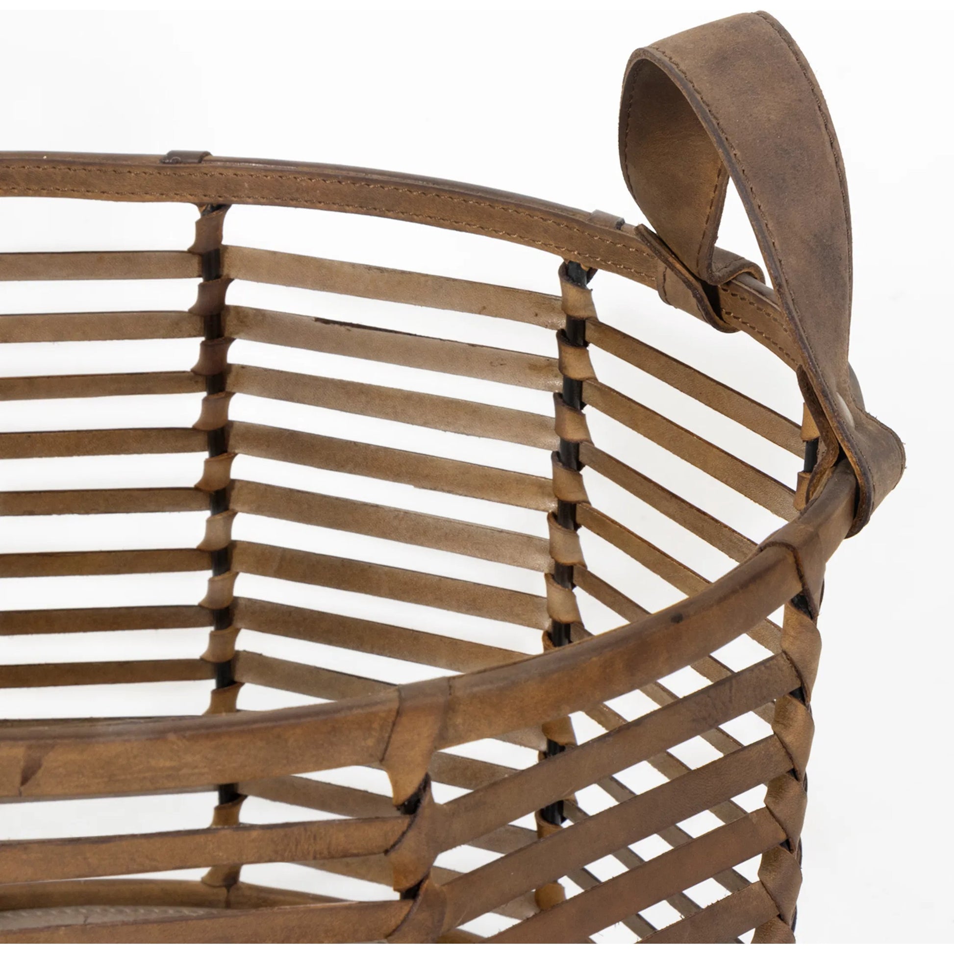 Finn Leather Basket by Regina Andrew in brown. Made from leather in a cottage & farmhouse style.