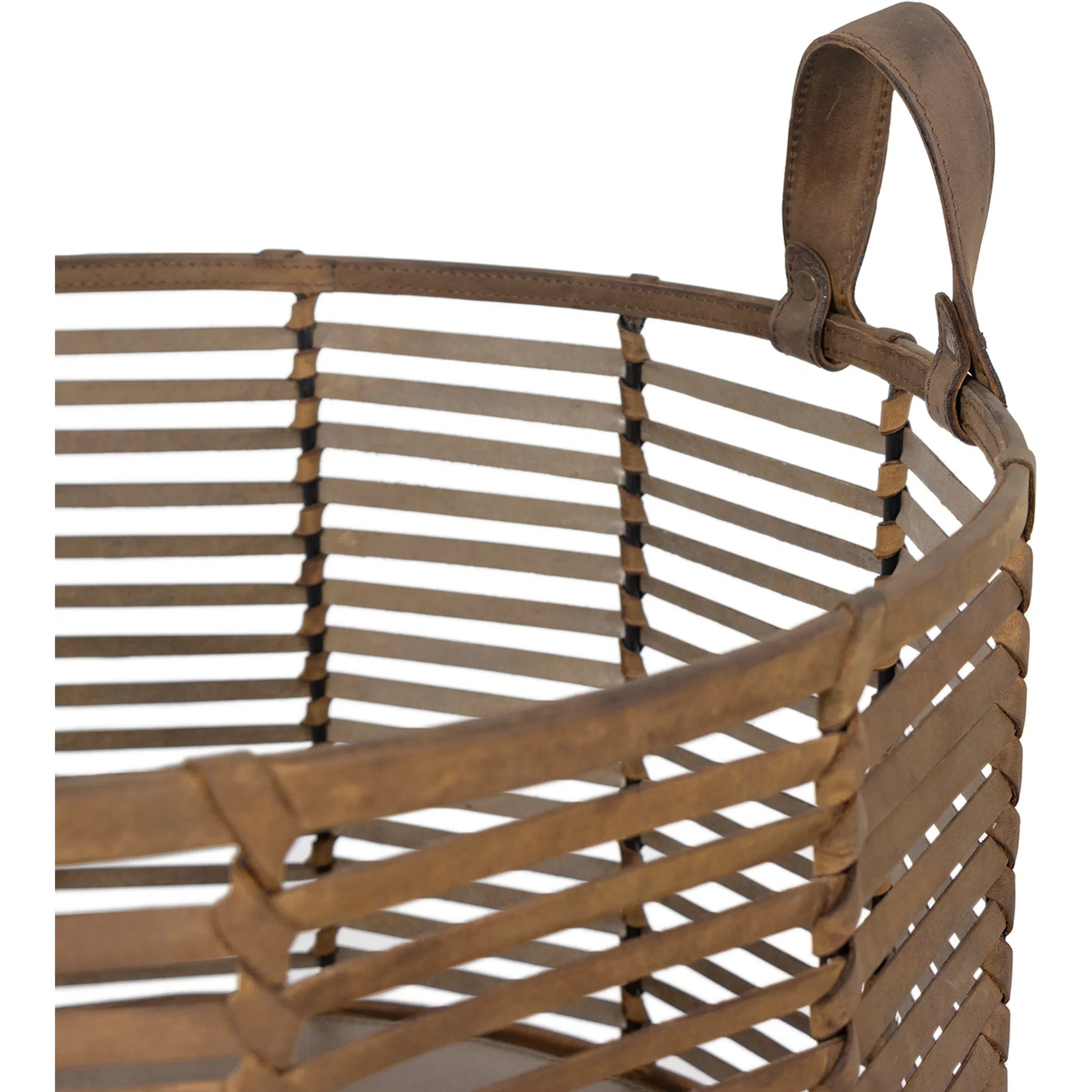 Finn Leather Basket by Regina Andrew in brown. Made from leather in a cottage & farmhouse style.