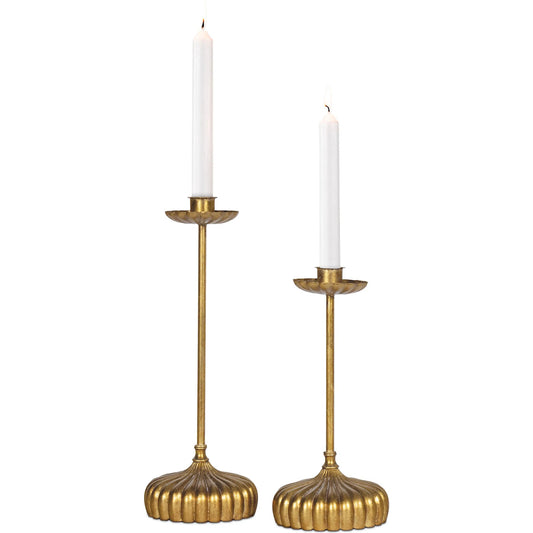 Clove Candle Holder Set by Regina Andrew in antique gold leaf. Made from iron in a transitional style.