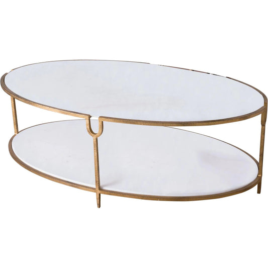 And Stone Coffee Table by Global Views in antique gold. Made from iron, honed white marble in a transitional style.