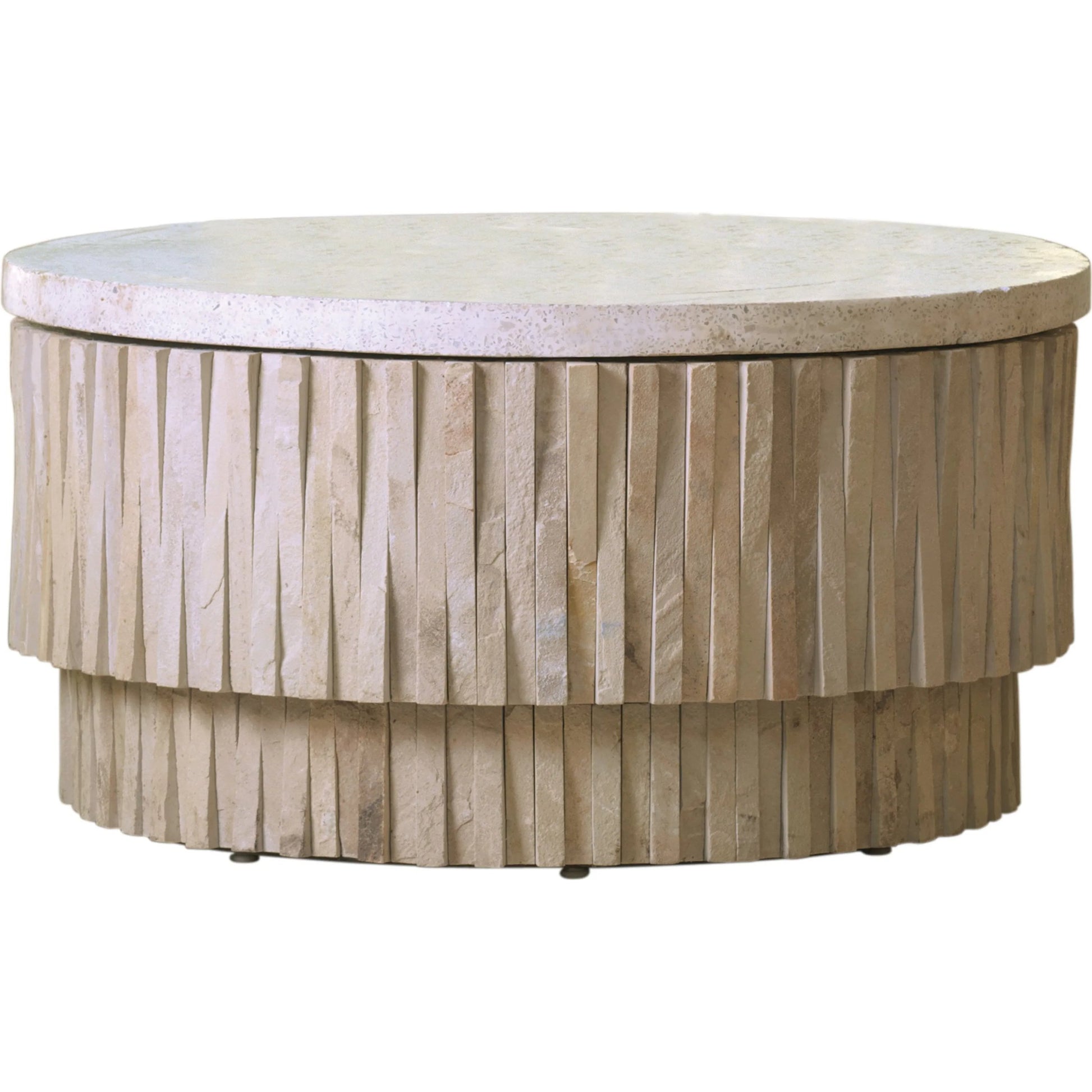 Round Teeter Totter Cocktail Table by Global Views. Made from stainless steel, hand sculpted chiseled stone from rajasthan in a eclectic & global style.