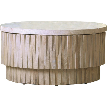 Round Teeter Totter Cocktail Table by Global Views. Made from stainless steel, hand sculpted chiseled stone from rajasthan in a eclectic & global style.