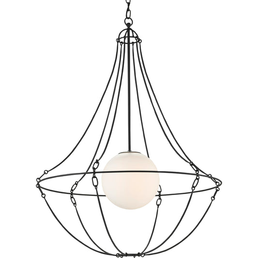 Stanleigh Pendant by Currey and Company in black bronze. Made from wrought iron, frosted glass in a modern style.