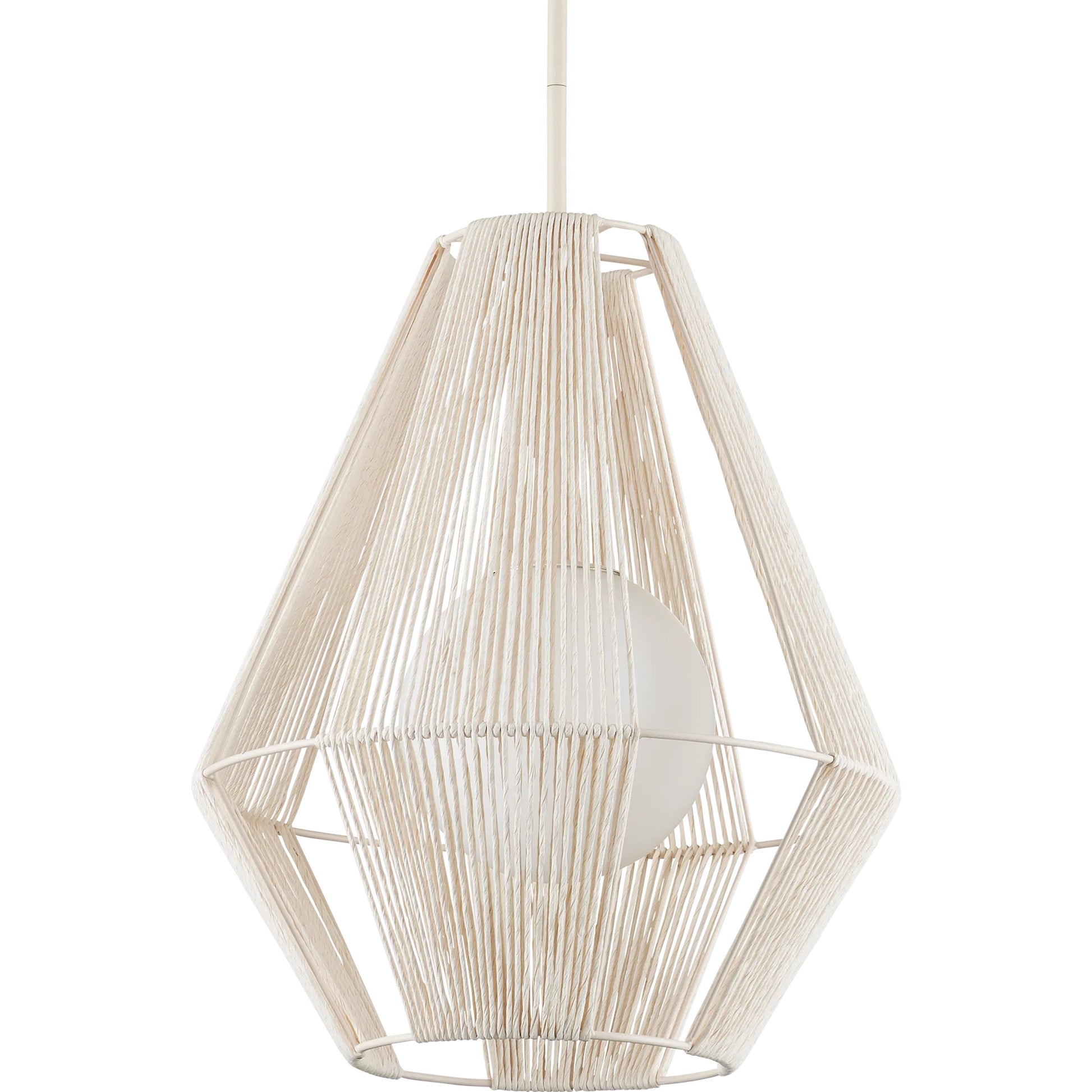 Fraxel Pendant by Currey and Company in white, frosted white, vanilla. Made from kraft paper twine, glass, wrought iron in a unique style.
