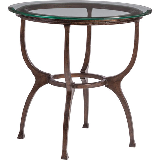 Patois Round End Table by Artistica Home in antique copper. Made from metal in a unique style.