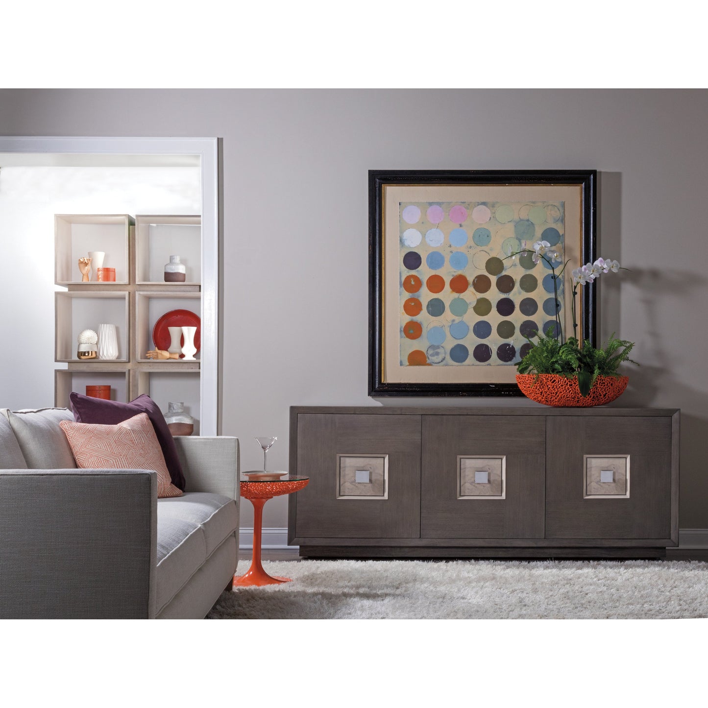 004 SR-834436 | Lifestyle | Mercury Media Console by Artistica Home in bleached olive ash burl. Made from unique in a modern style.