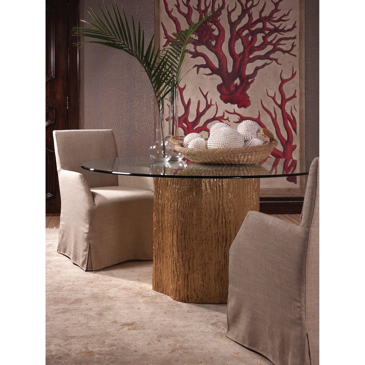 006 SR-834688 | Lifestyle | Trunk Segment Round Dining Table with Glass Top by Artistica Home. Made from unique in a modern style.