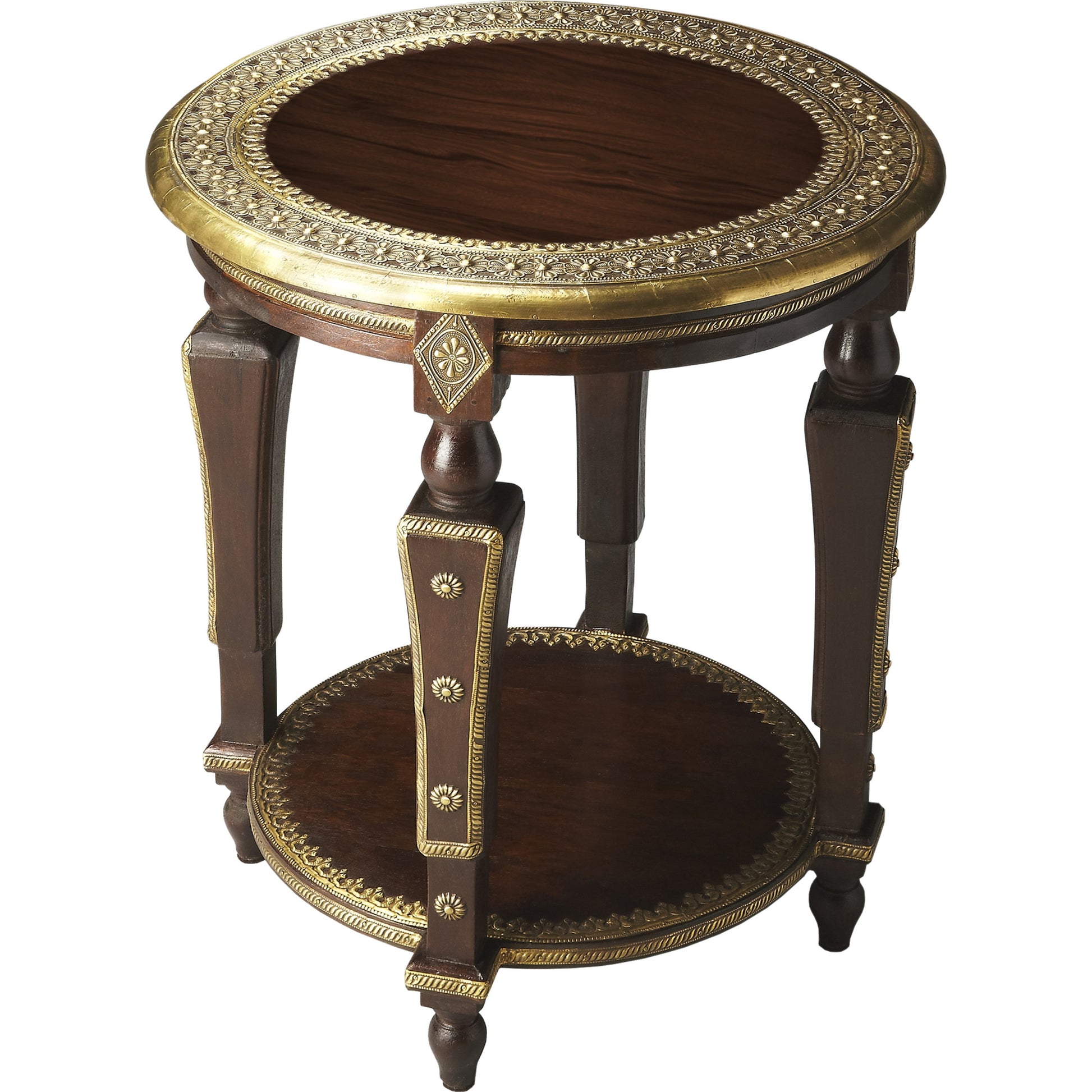 Natural Accent Table by Butler Specialty Company in dark brown and artifacts. Made from mango wood solids, brass foil in a eclectic & global style.