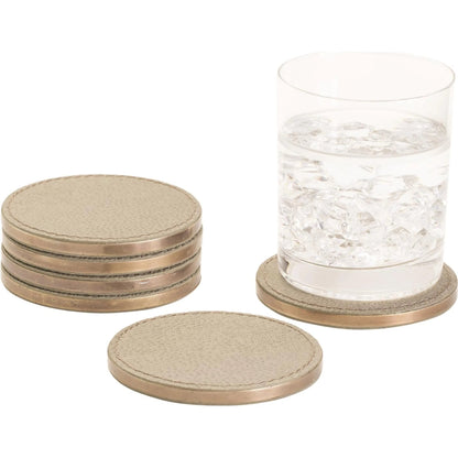 Alpen Coasters by Global Views. Made from mdf, brass, leather, polyester suede in a transitional style.