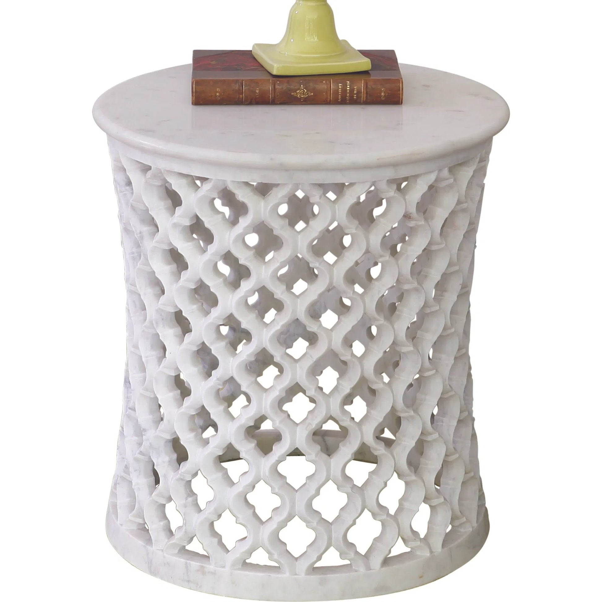 Arabesque Side Table by Global Views. Made from hand carved honed white marble in a transitional style.