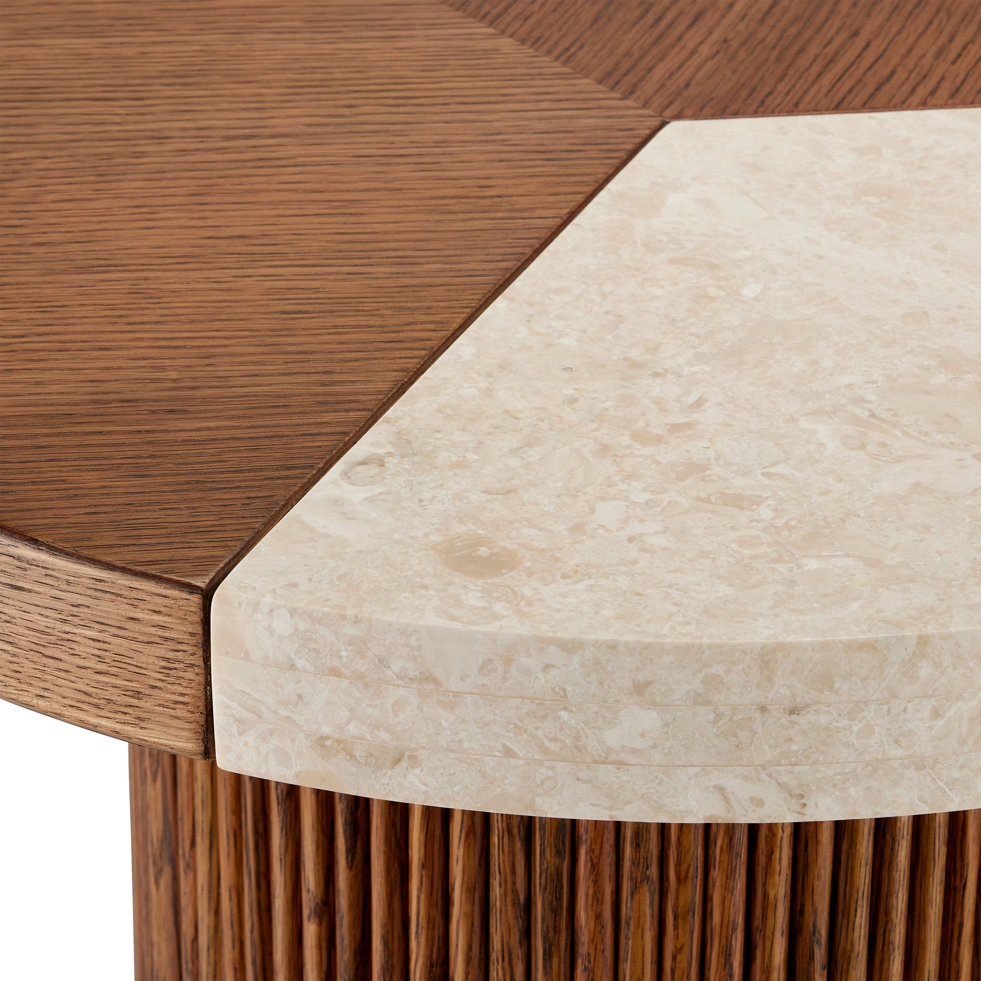 Dakota Cocktail Table by Currey and Company in morel brown, natural, polished brass. Made from oak, crema marfil marble, brass in a modern style.