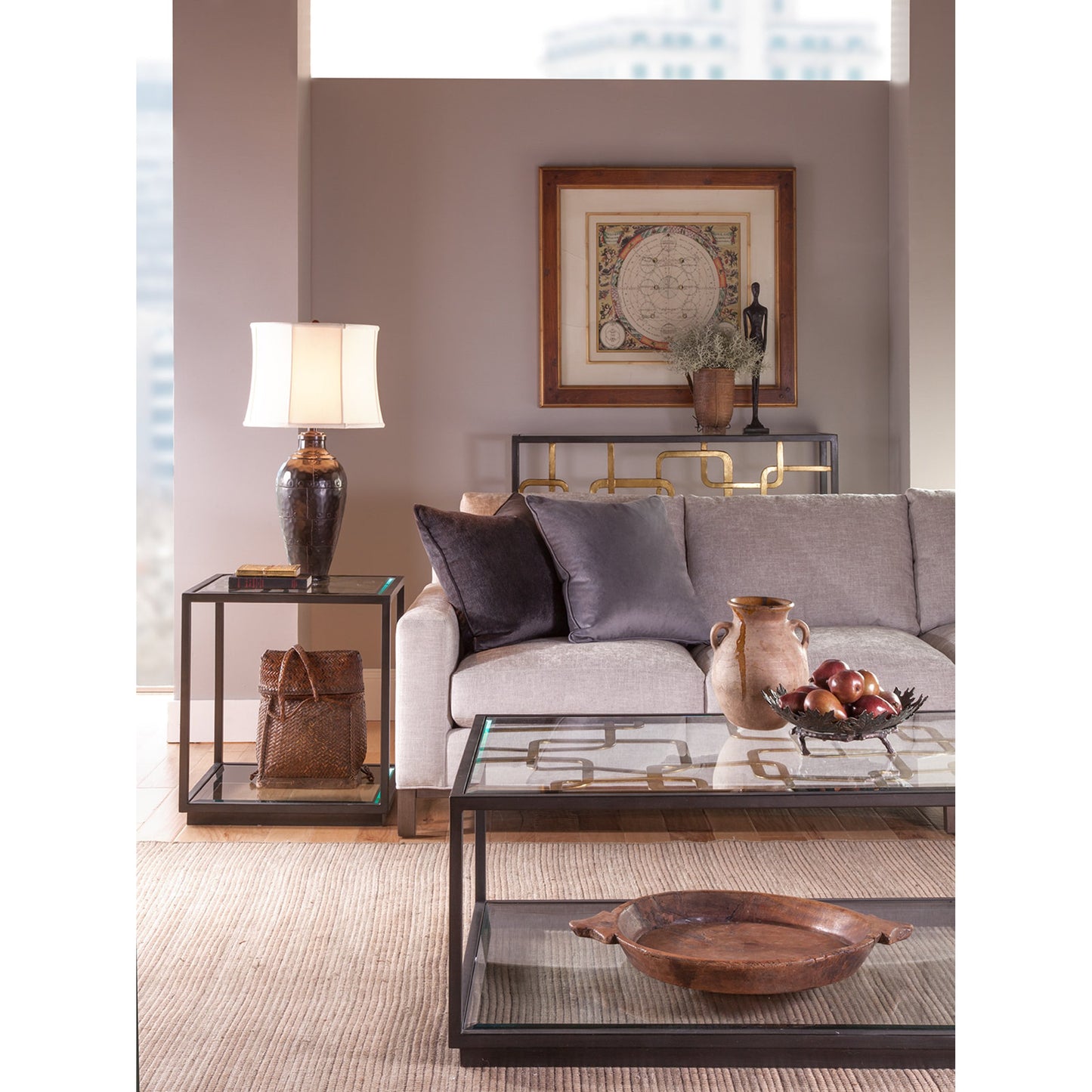 005 SR-834496 | Lifestyle | Moxie Rectangular Cocktail Table by Artistica Home in antique black, gold foil. Made from unique in a modern style.