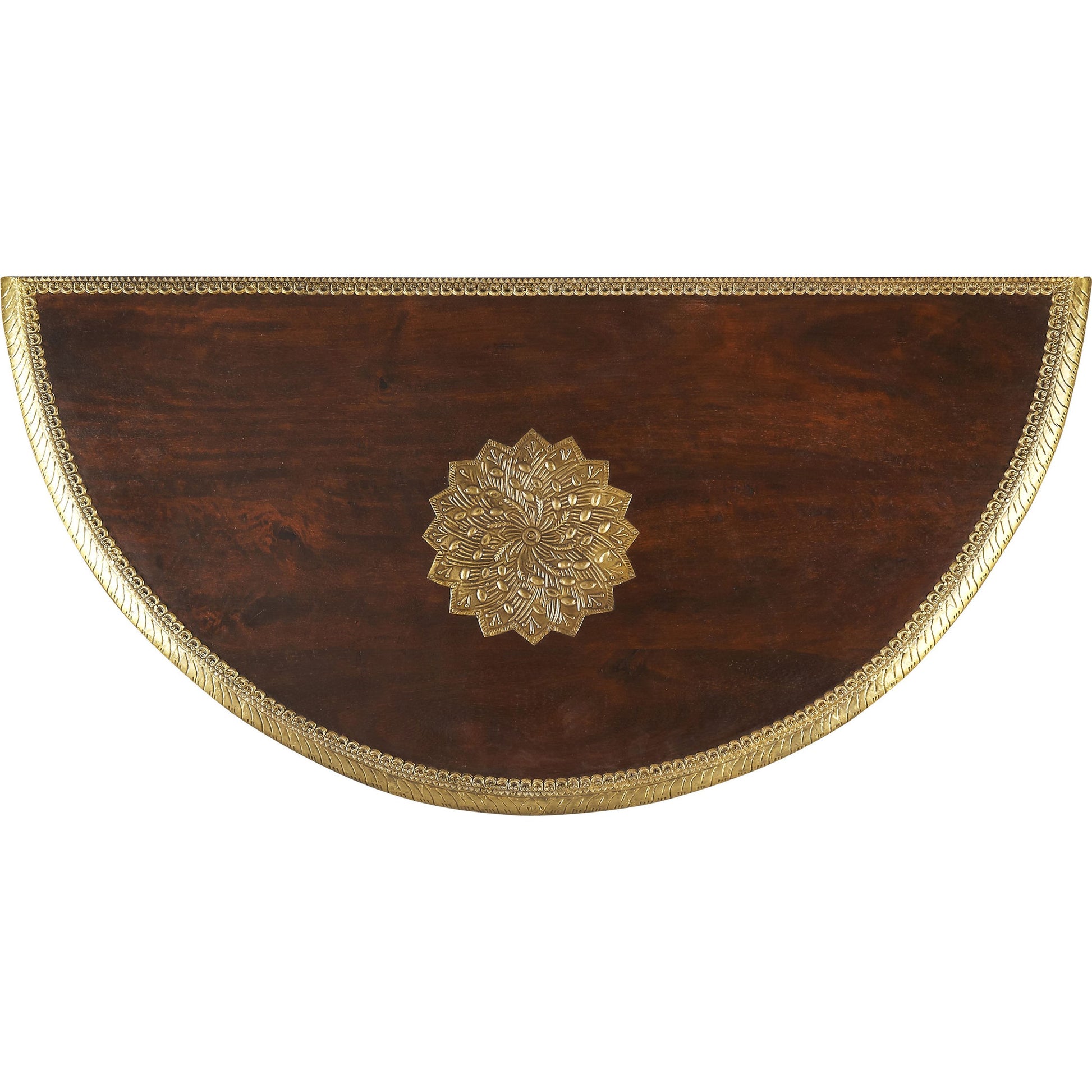 Ranthore Demilune Console Table by Butler Specialty Company in dark brown and artifacts. Made from mango wood solids, brass foil in a traditional style.