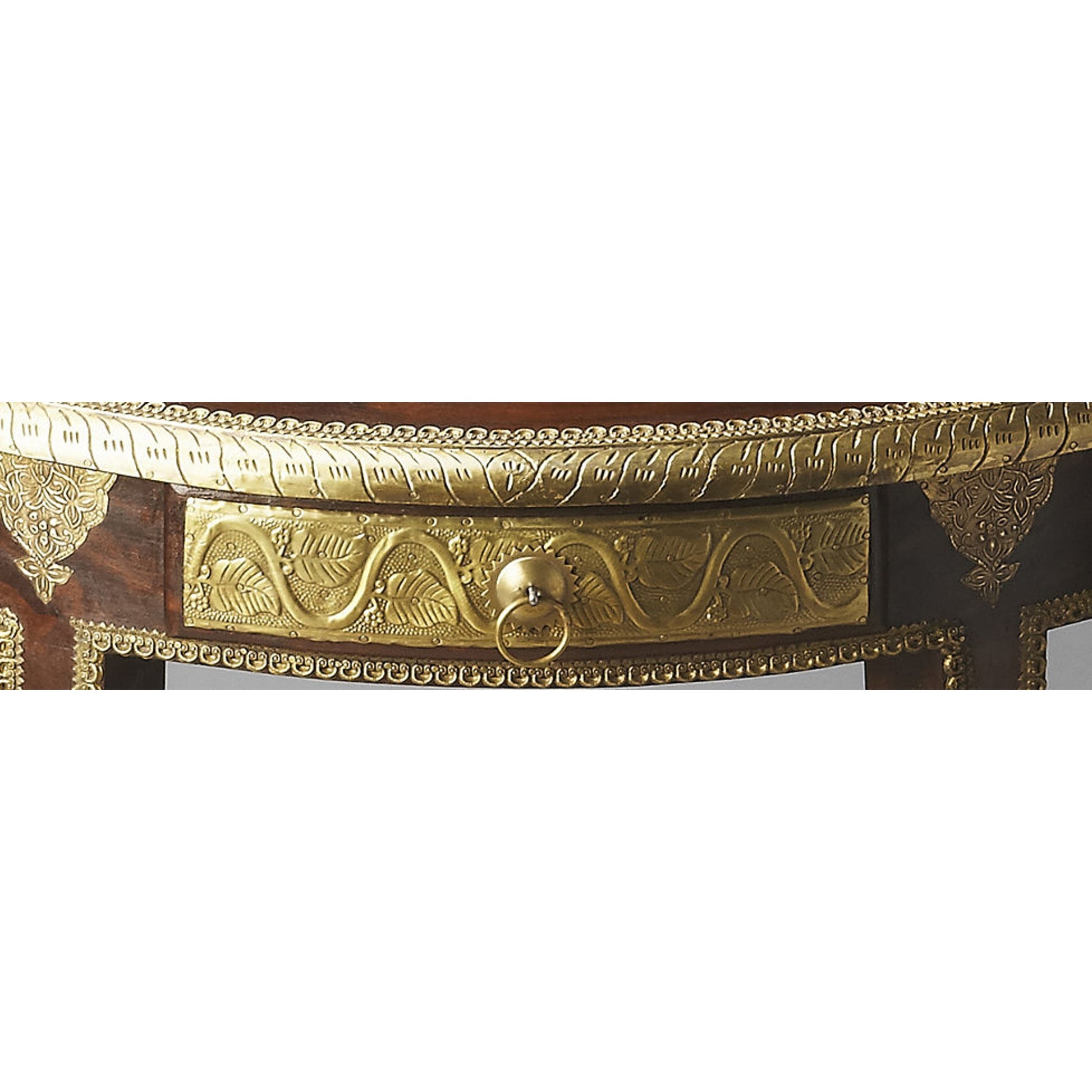 Ranthore Demilune Console Table by Butler Specialty Company in dark brown and artifacts. Made from mango wood solids, brass foil in a traditional style.