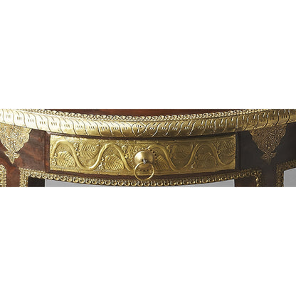 Ranthore Demilune Console Table by Butler Specialty Company in dark brown and artifacts. Made from mango wood solids, brass foil in a traditional style.