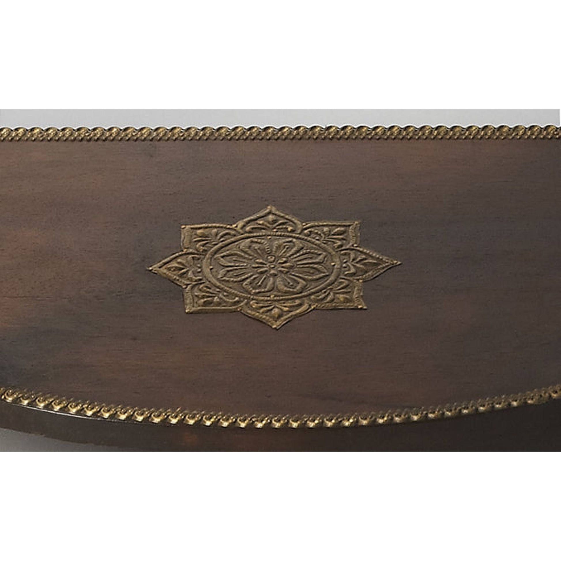 Ranthore Demilune Console Table by Butler Specialty Company in dark brown and artifacts. Made from mango wood solids, brass foil in a traditional style.