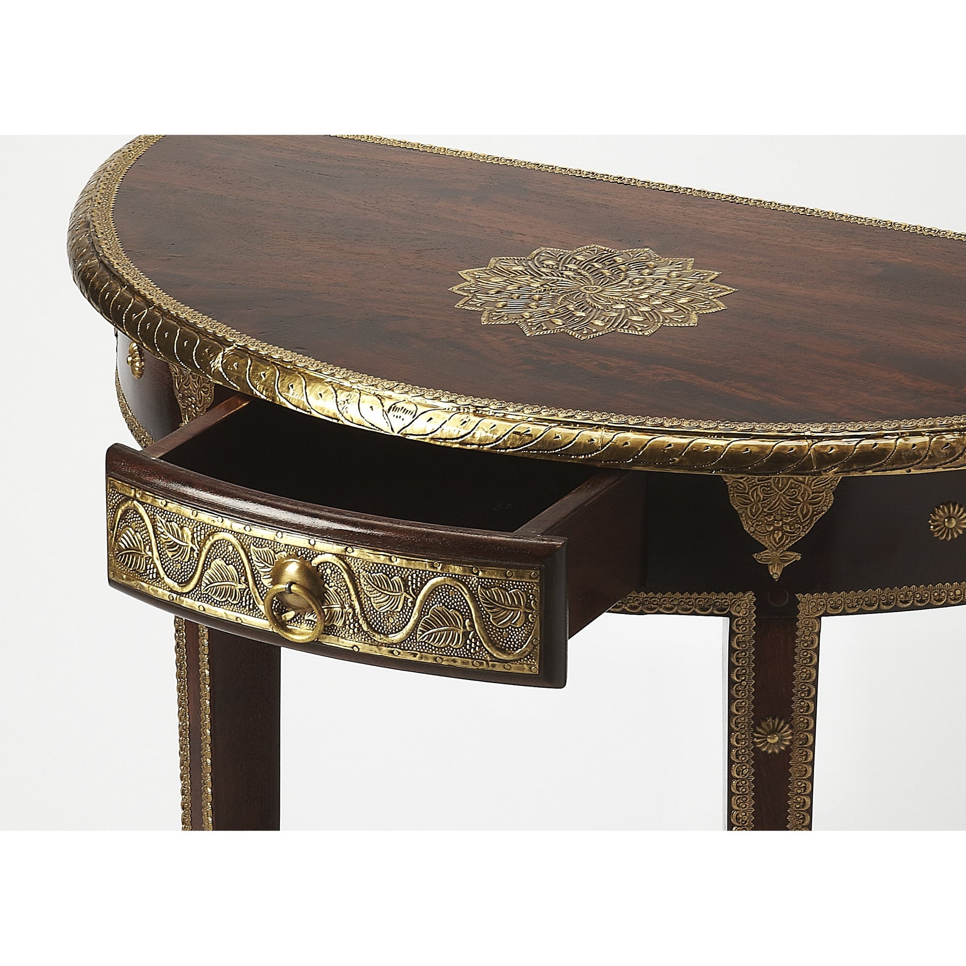 Ranthore Demilune Console Table by Butler Specialty Company in dark brown and artifacts. Made from mango wood solids, brass foil in a traditional style.