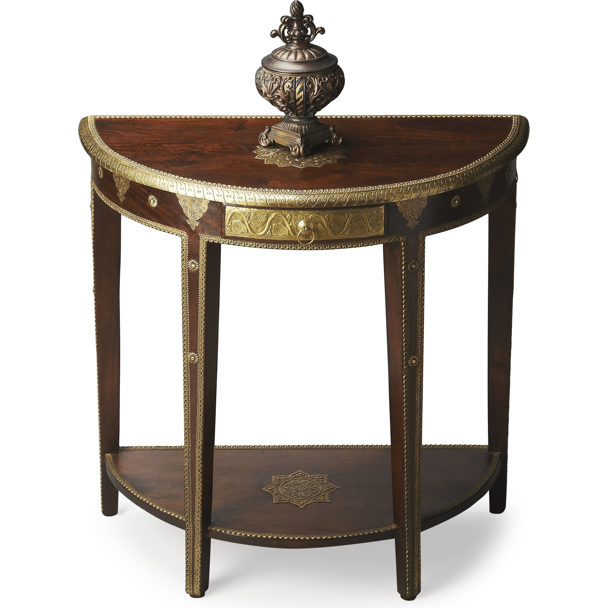 Ranthore Demilune Console Table by Butler Specialty Company in dark brown and artifacts. Made from mango wood solids, brass foil in a traditional style.