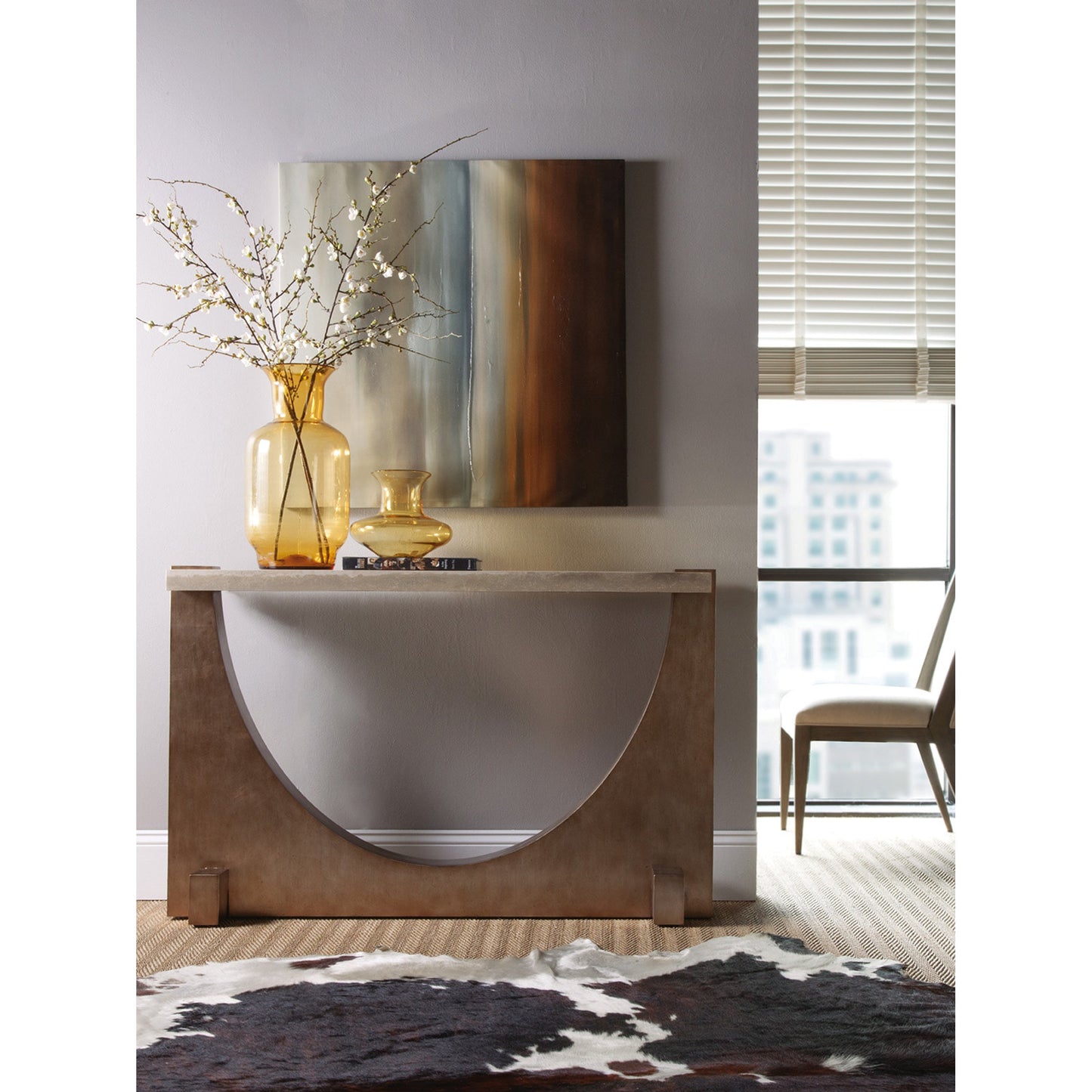 001 SR-834391 | Lifestyle | Impresario Console Table by Artistica Home in warm silver leaf. Made from unique in a eclectic & global style.
